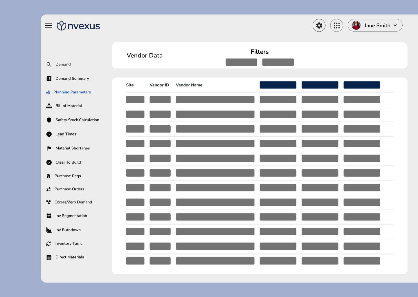 Nvexus Vendor Data module displaying a table of vendor records by site, including vendor IDs and names, designed to surface data issues that can impact purchase order accuracy and receiving.