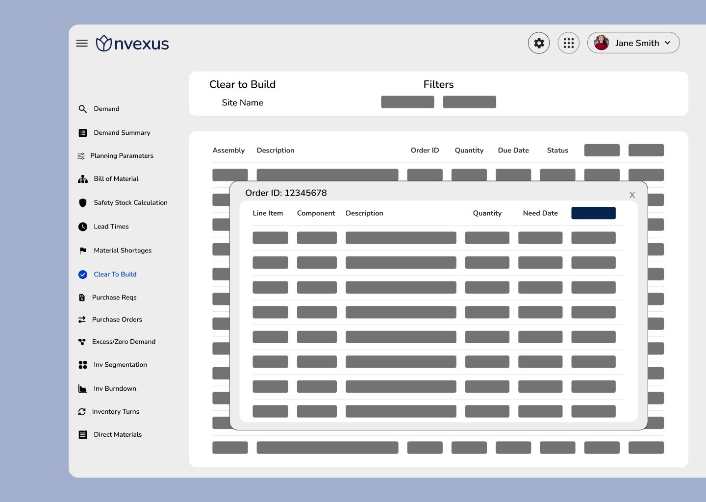 Nvexus Clear to Build dashboard providing visibility into component-level readiness to confidently release production orders.