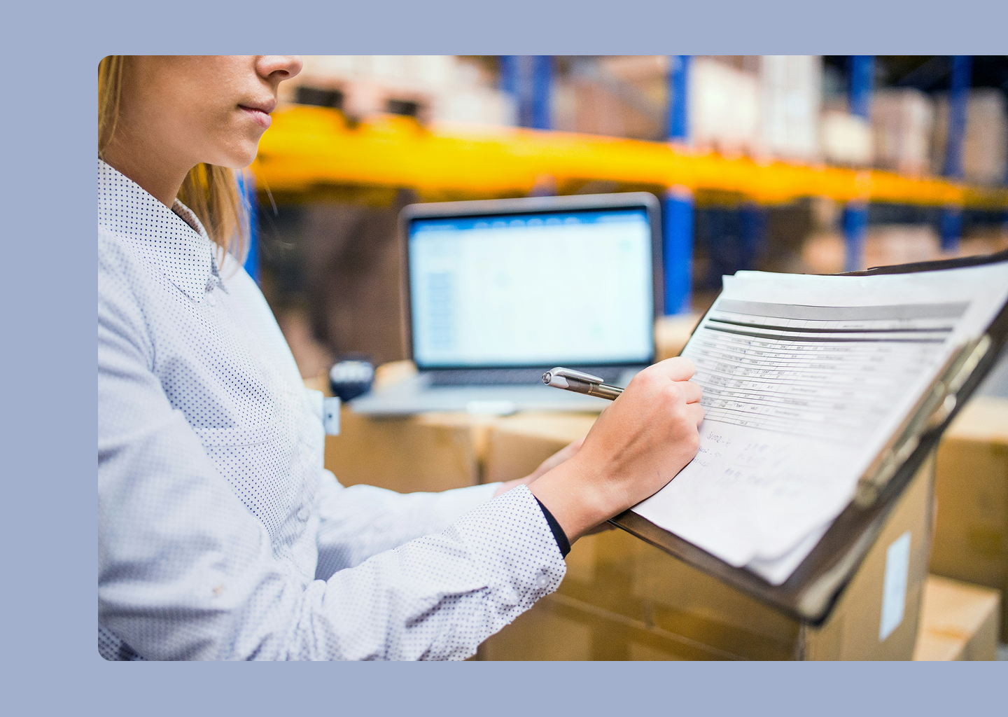 Planner verifying inventory quantities during a warehouse audit, ensuring ERP data matches physical stock.