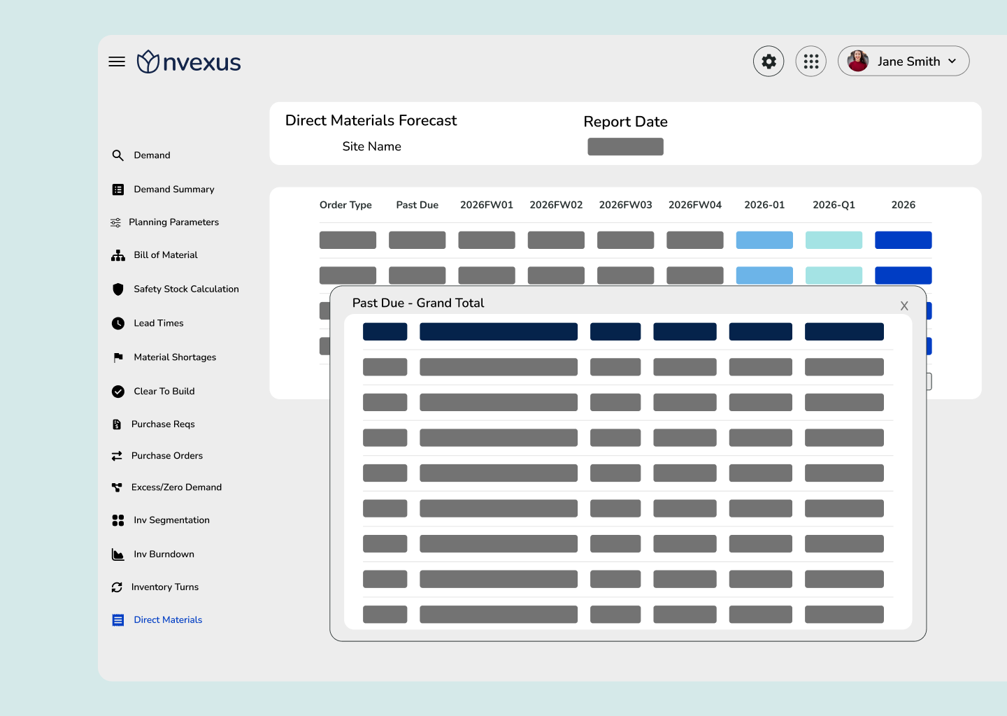 Nvexus direct materials forecast revealing past-due risk and future supply requirements across time buckets, while helping planners assess short-term shortages and long-term material requirements.