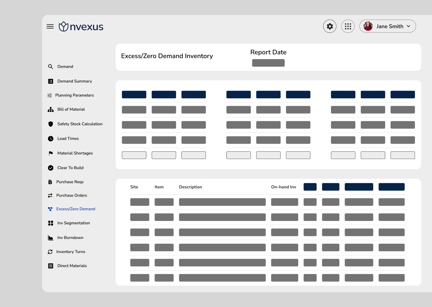 Nvexus excess and zero demand inventory view exposing idle stock and working-capital risk, while helping teams prioritize liquidation or rebalancing actions.