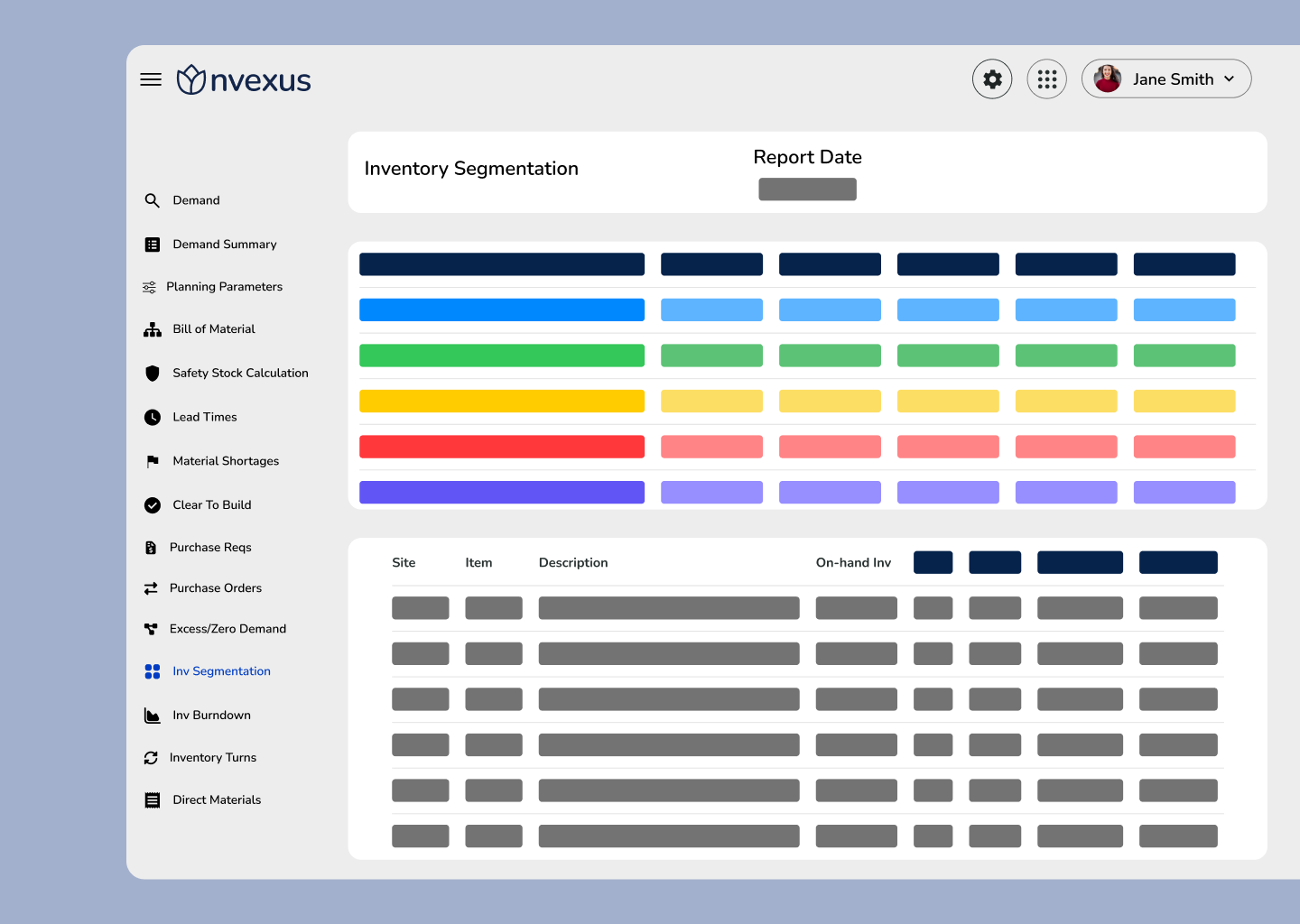 Nvexus inventory segmentation dashboard highlighting prioritized inventory segments to support smarter planning decisions.