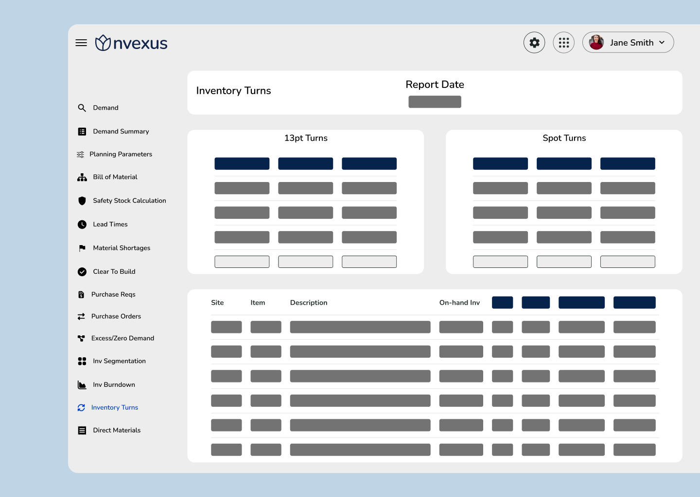 Nvexus Inventory Turns module comparing 13-point and spot turns to measure true inventory performance.