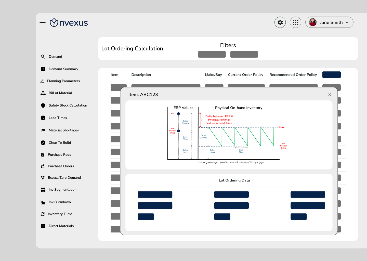 Nvexus Lot Ordering Calculation module showing ERP min/max values, reorder points, safety stock, and physical on-hand inventory to visualize optimal order quantities.