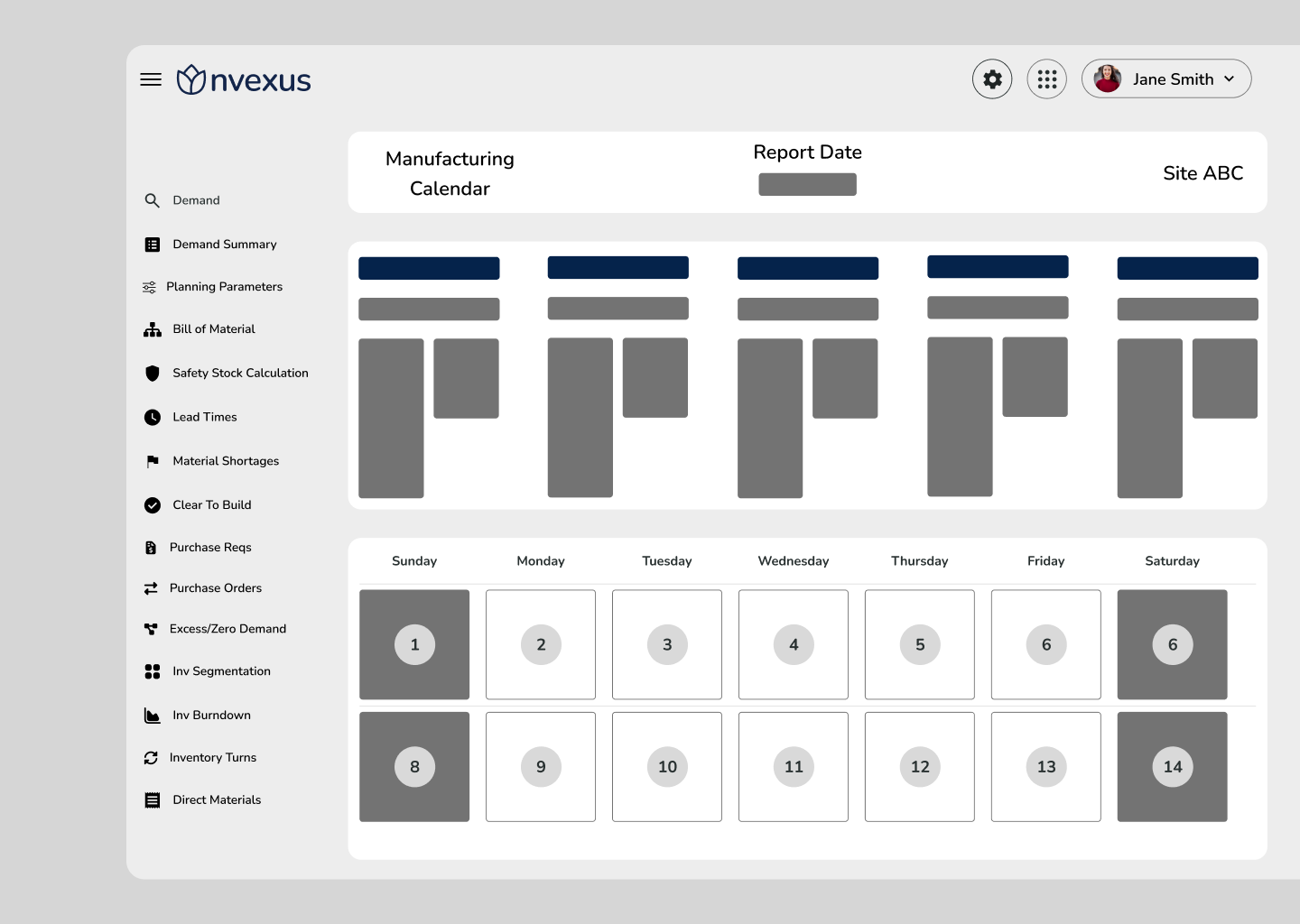 Nvexus Manufacturing Calendar showing site-specific working days, non-working days, and production schedules used to drive accurate planning and lead-time calculations.