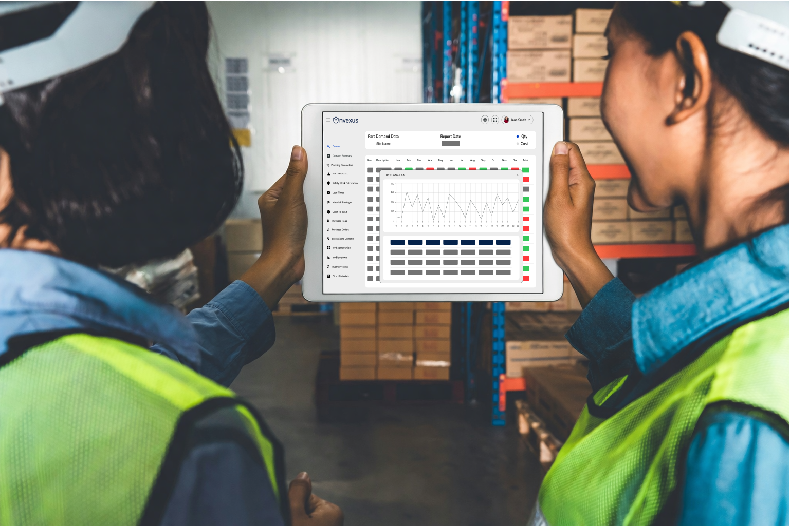 Nvexus Demand module displayed on a tablet in a warehouse, visualizing demand trends and part-level demand insights.