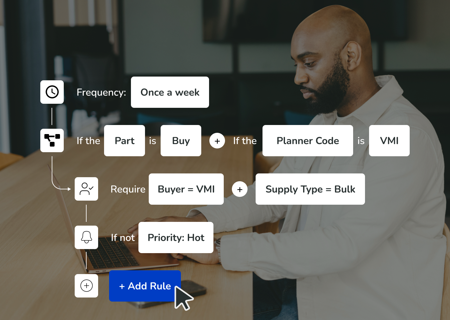 Planner working at a laptop with a visual rule builder showing purchasing and planning logic, including VMI buyer rules, bulk supply type, and priority settings.