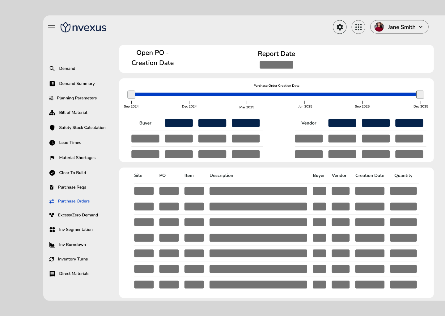 Open PO by Creation Date view in the Nvexus platform, featuring a timeline slider for purchase order creation dates, buyer and vendor filters, and a table listing open purchase orders with item details and quantities.