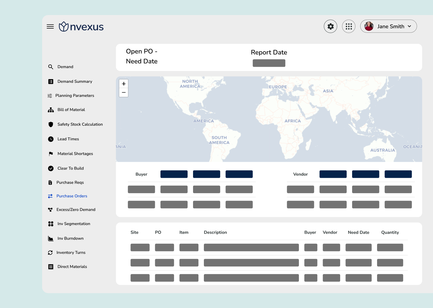 Nvexus Open PO module displaying open purchase orders across global suppliers, highlighting buyers, vendors, and need dates to improve delivery visibility and purchasing control.