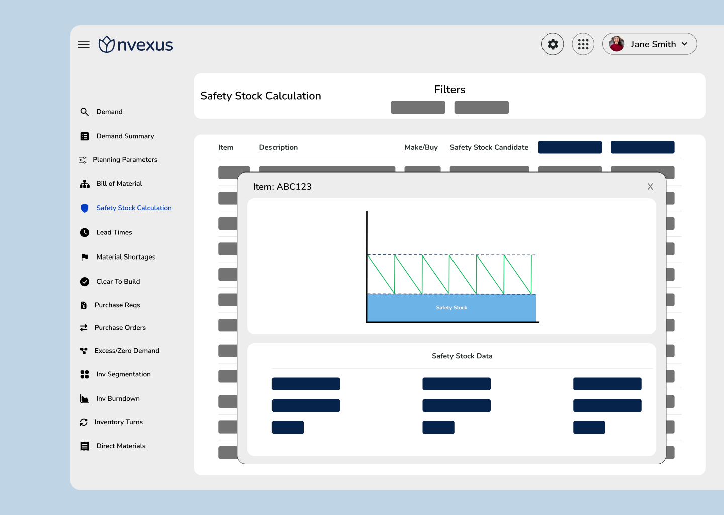 Nvexus Safety Stock Calculation module showing a visual safety stock diagram and calculated safety stock values for a selected item.