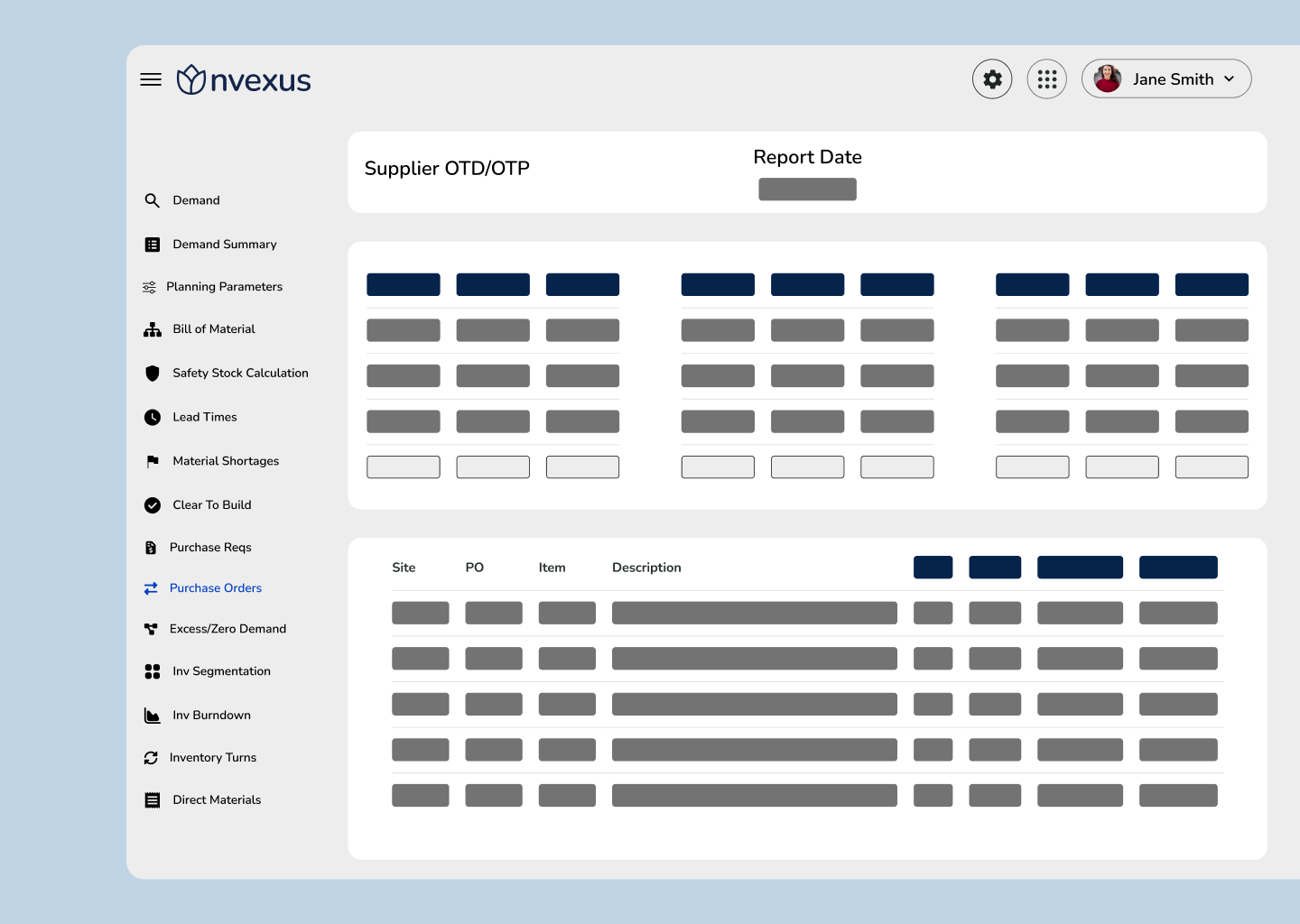 Supplier OTD/OTP module in Nvexus displaying supplier on-time delivery and promise trends, highlighting PO-level reliability across vendors and sites.